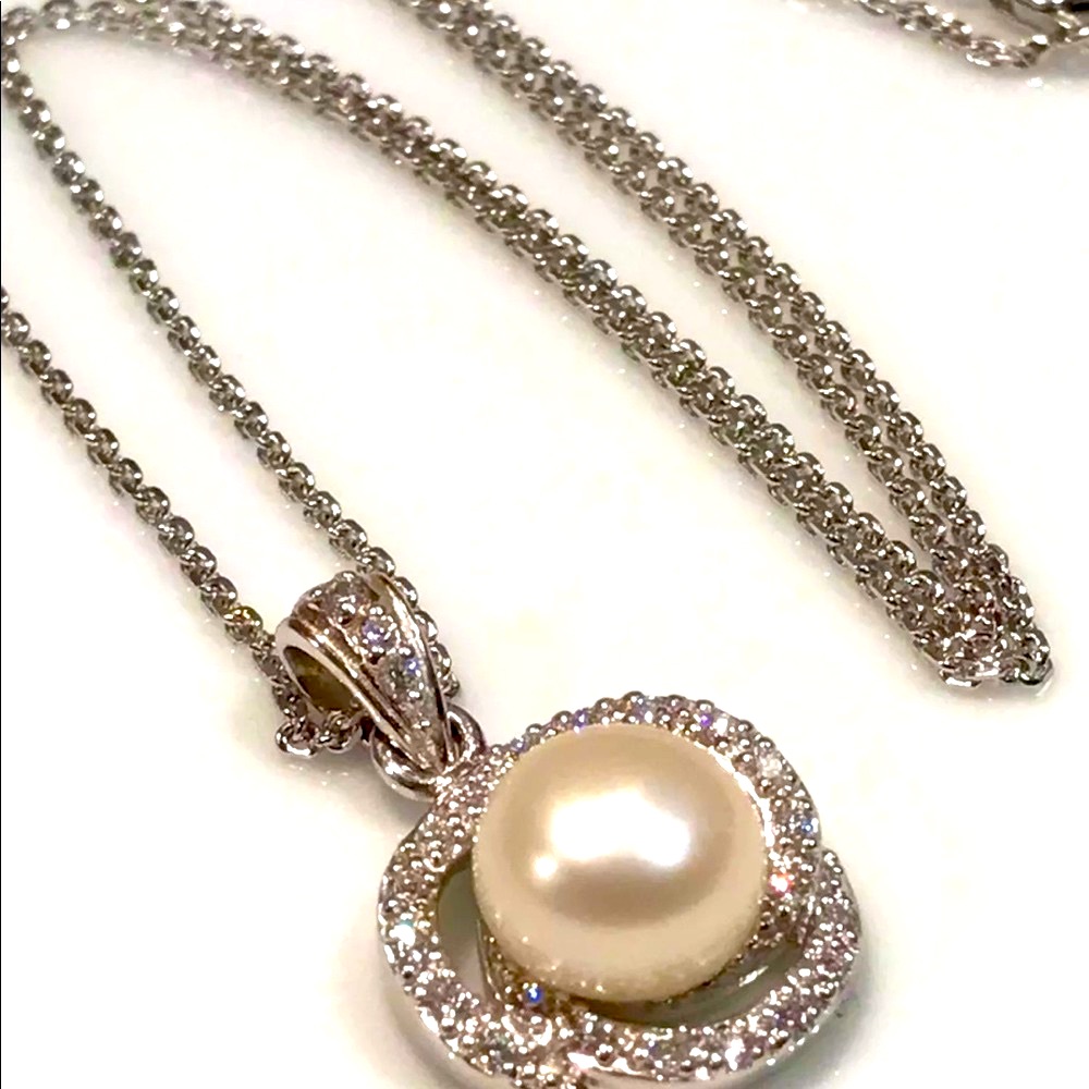 New Pearl & Cz Pendant 18” Necklace, Italy
